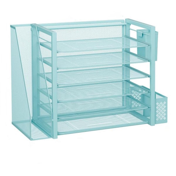 Blue 18 in. x 13 in. 6-Tier Desk File Organizer with File Holder and Pen Container