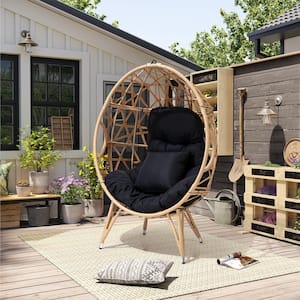 Wicker Outdoor Patio Egg Lounge Chair With Removable Black Cushions and Black Pillow