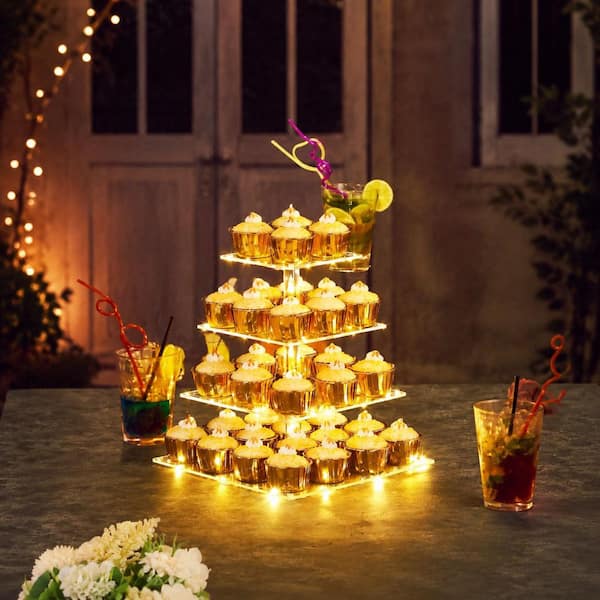 LAIFUCAM Clear 4-Tier Warm Acrylic Cake Stand with LED String