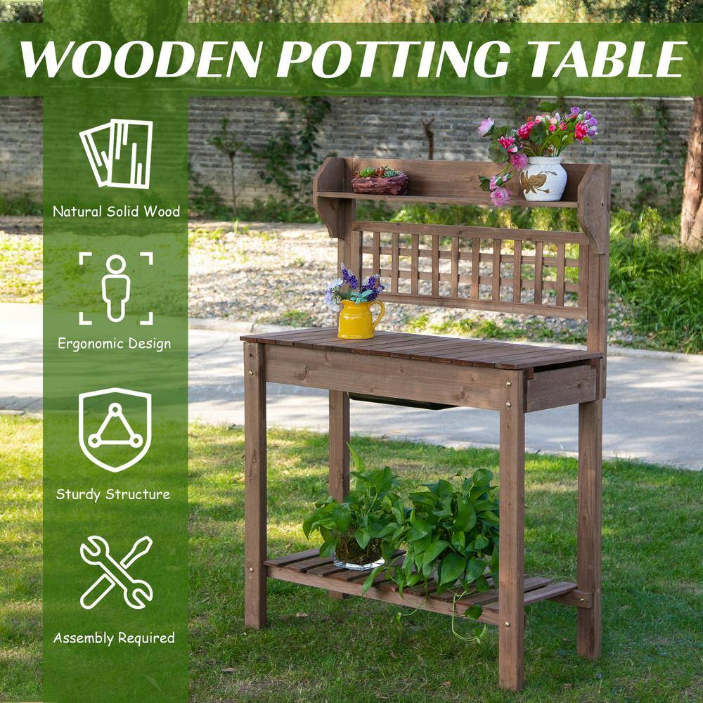 Brown Fir Wood Garden Potting Bench with Sliding Tabletop and Storage