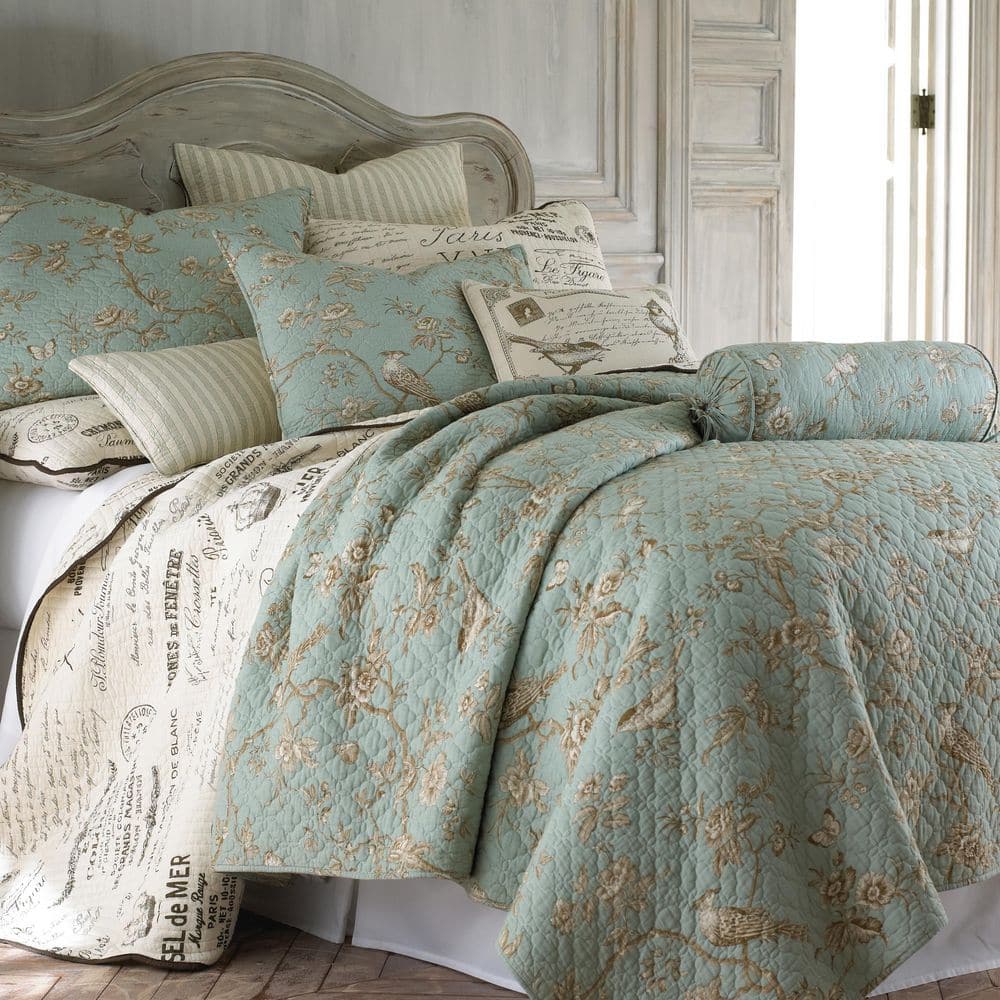 Teal and Cream Cotton Reversible King Quilt Set