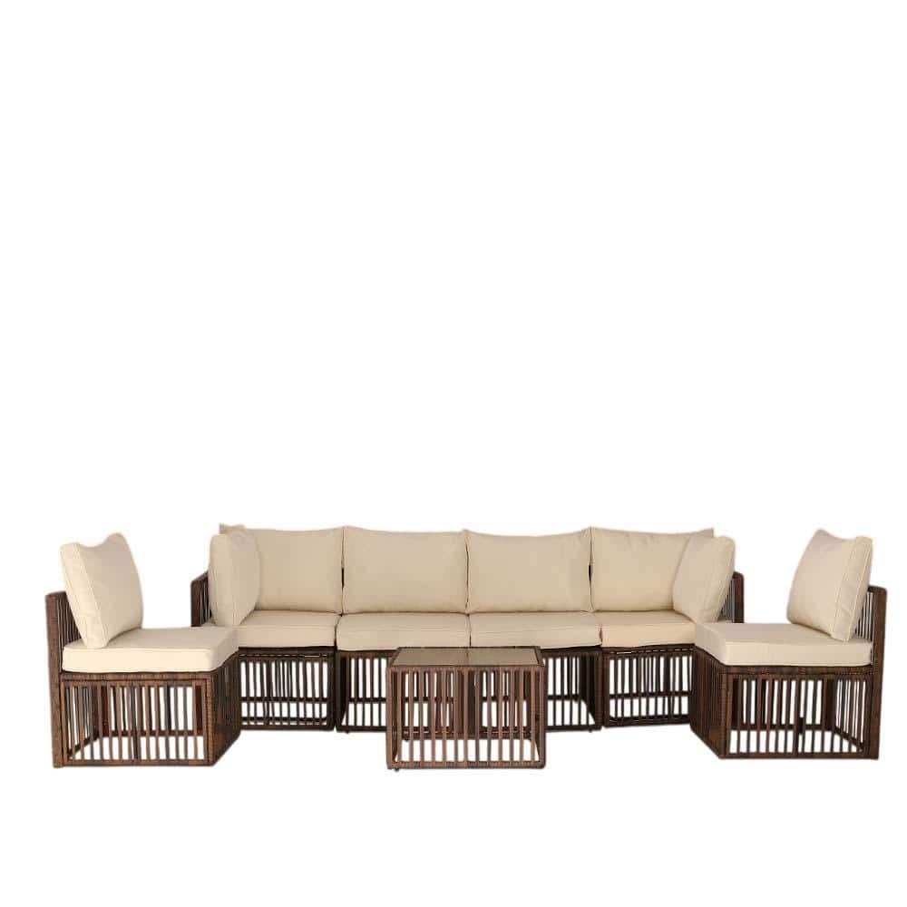 7-Piece Brown PE Rattan Wicker Patio Outdoor Conversation Set with Beige Cu