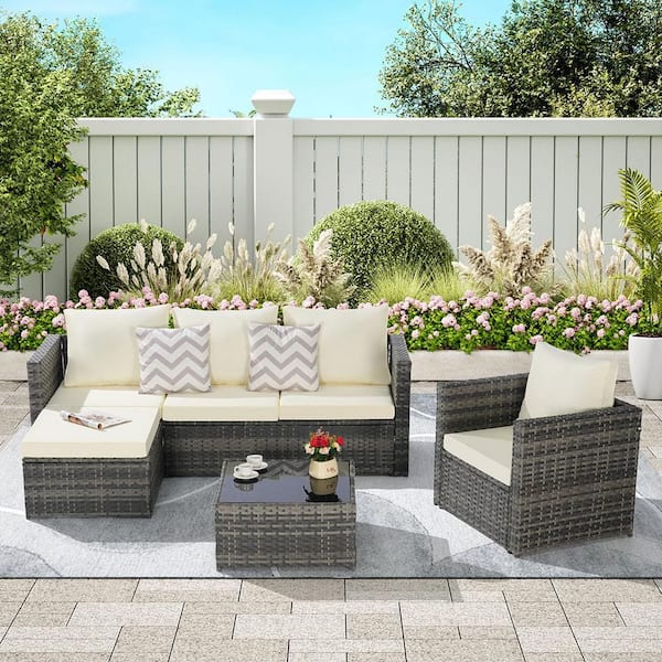 Sudzendf 3-Piece Metal Outdoor Woven Sectional L-Shaped Patio Conversation Set with Beige Cushion