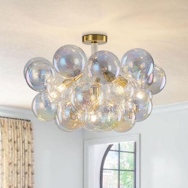 Alma 6-Light 24.8 in.W Brass and White Semi Flush Mount Chandelier with Rainbow Glass and LED Bulb Included for Kitchen