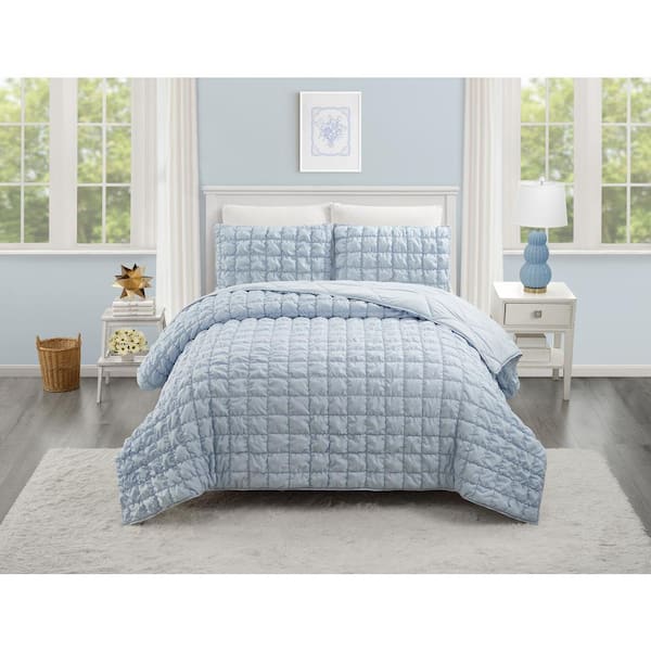 Dreamy Clouds 3-Piece Blue Puffy Microfiber Full/Queen Quilt Set