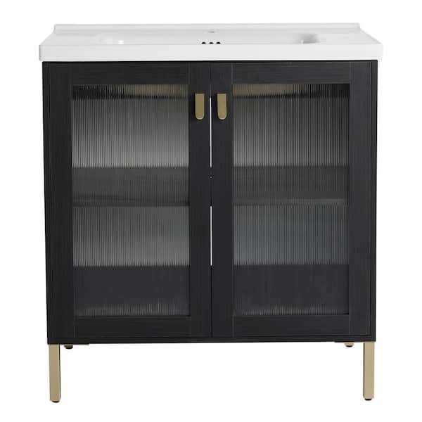 31.90 in. W x 18.70 in. D x 34.80 in. H Single Sink Freestanding Bath Vanity in Black Chestnut with White Ceramic Top