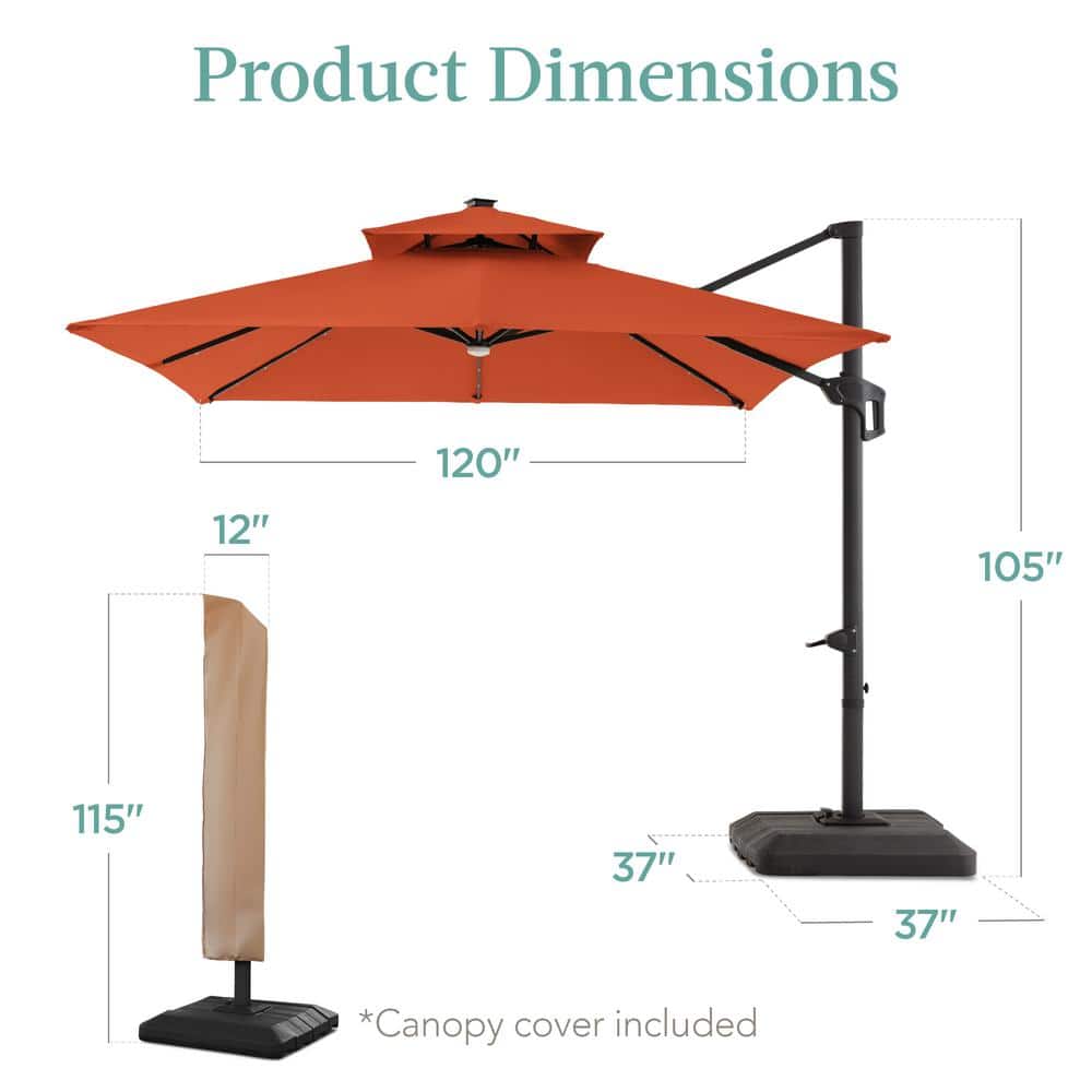 Rust 10x10ft Solar LED Cantilever Patio Umbrella with Base