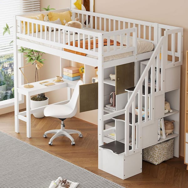 White Wood Twin Size Loft Bed with Built-in Desk, LED, Storage Shelves, Cabinets and Staircase