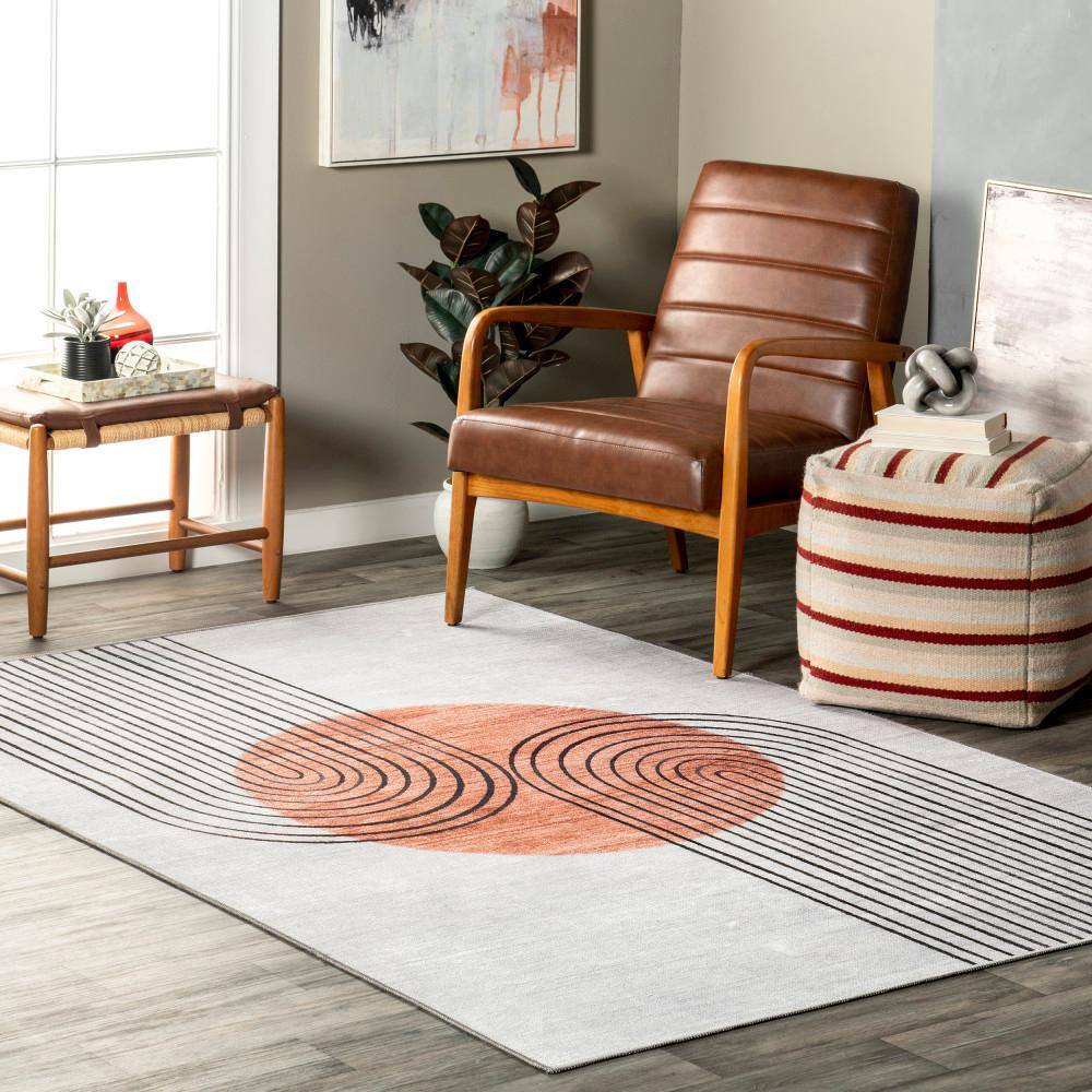 Burnt Orange and Dusty White Abstract 6' x 9' Synthetic Area Rug