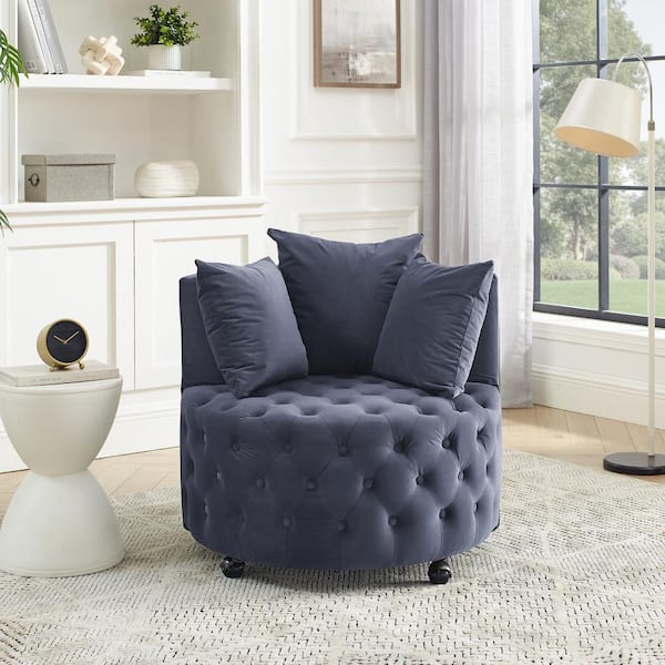 IDEAGLE Gray Velvet Upholstered Accent Swivel Chair Barrel Living Room Sofa Chair with Movable Wheels and 3-Pillows