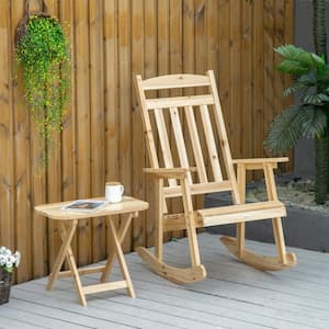 2-Piece Patio Wooden Outdoor Rocking Chair Bistro Set High Backrest with Folding Side Table