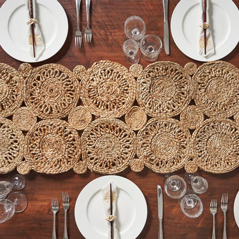 Natural Braided Jute Table Runner with Concentric Design, 80" Length
