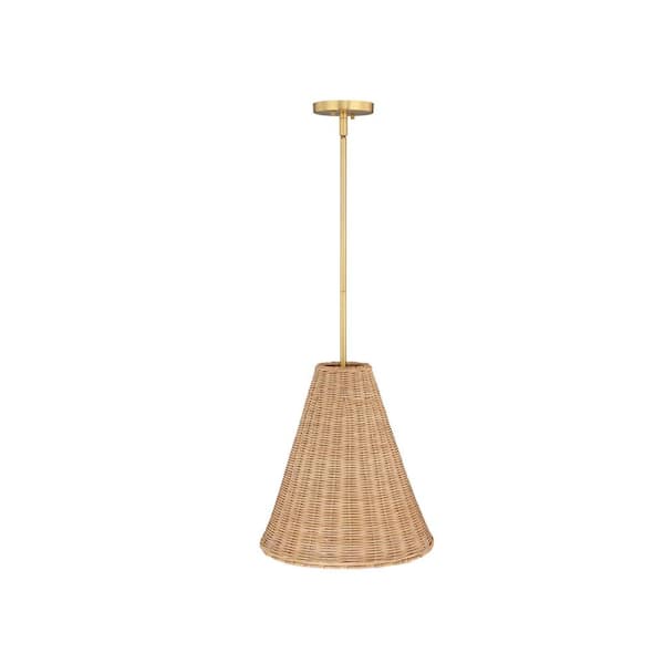 Nathan James Mischa 60-Watt Light Brown Large Rattan Ceiling Light, Boho Pendant Light with Vintage Brass Metal Rod and Rattan Shade