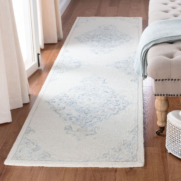 Micro-Loop Ivory/Blue 2 ft. x 9 ft. Medallion Oriental Runner Rug