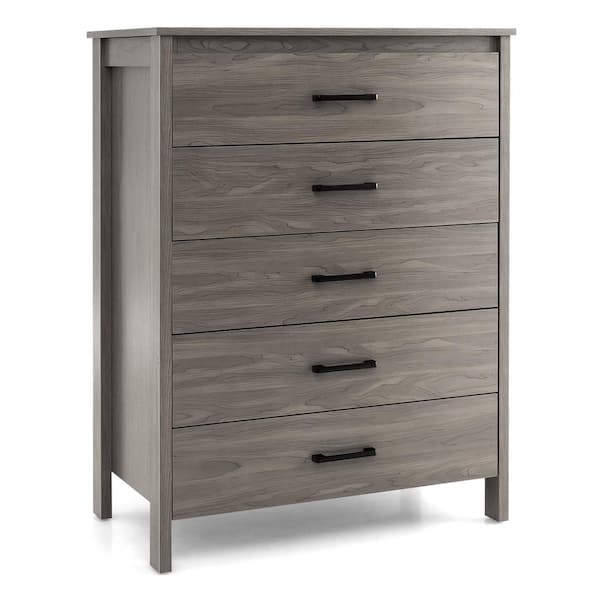 Costway Grey Oak 41.5 in. H Storage Cabinet Modern 5-Drawer Chest Dresser with Metal Handles