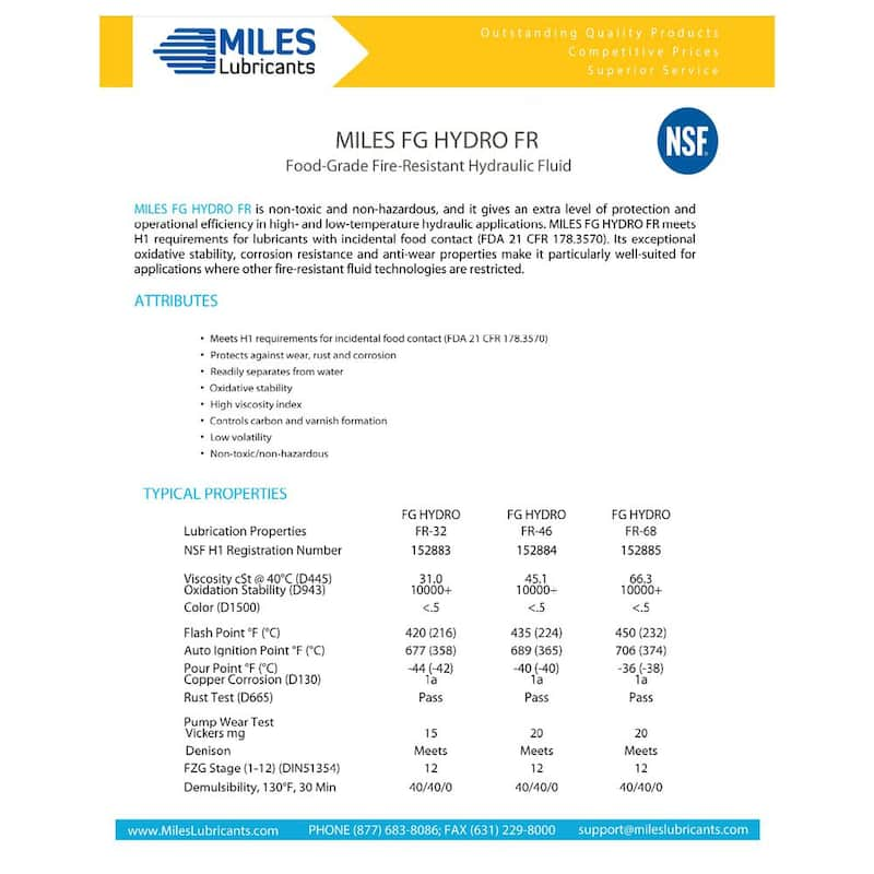 Miles Fg Hydro Fr 46 Food Grade Hydraulic Fluid H-1 registered 4 x 1 Gal. Case
