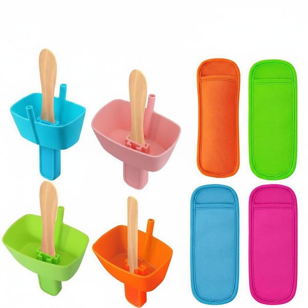 Popsicle Holders with No Drip Straw, Mess Free, Neoprene Ice Pop Sleeves, Reusable for Kids, 8pcs Set