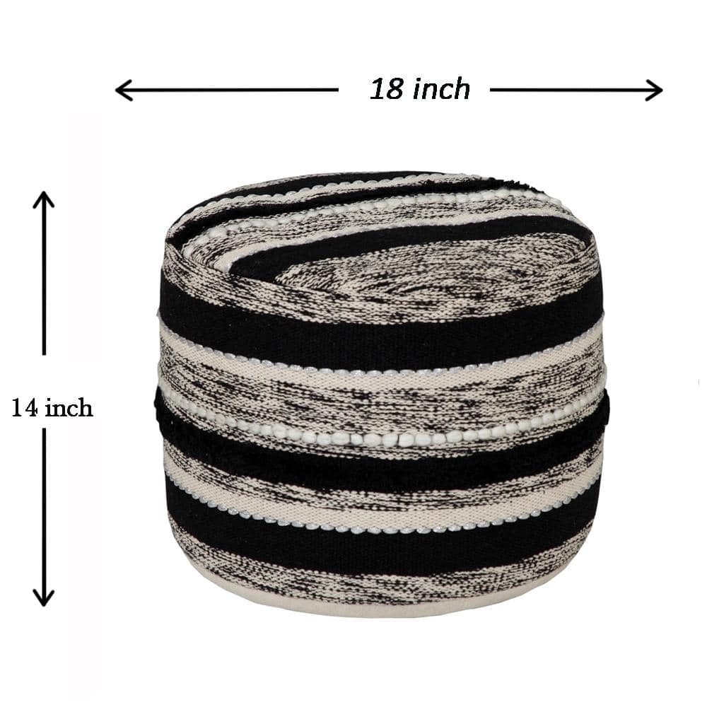Chic Monochrome Striped Cotton Round Pouf, Black & Natural, 18"x14"