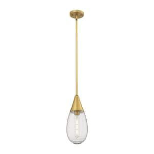 Malone 100-Watt 1 Light Brushed Brass Shaded Pendant Light with Clear glass Clear Glass Shade