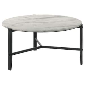 36.25 in. Faux White Marble and Black Round Wood Top Coffee Table