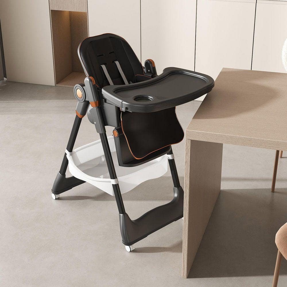 Black Portable Infant Feeding Seat 0-6 Years with Safety Belt, Silent Lockable Wheels and Easy-Clean Design for Home