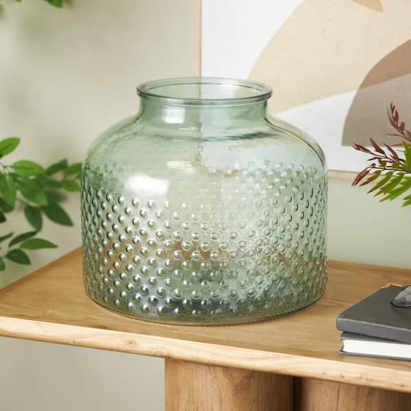 11 in. Green Spotted Round Glass Decorative Vase