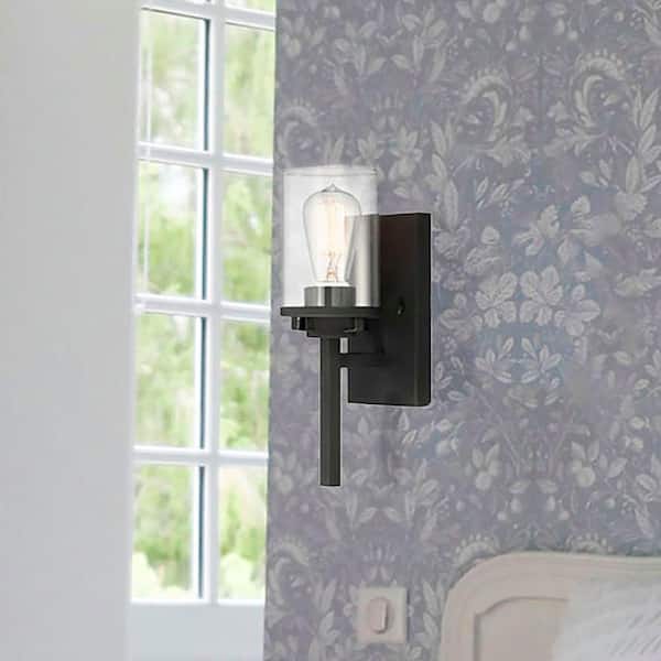 Designers Fountain Jedrek 4.5 in. 1-Light Black Minimalist Wall Sconce with Clear Glass Shade