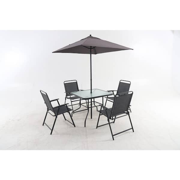 Zeus & Ruta 5-Piece Black Metal Standard Height Outdoor Dining Set for 4-People, with Umbrella for Garden, Lawn, Porch, Balcony