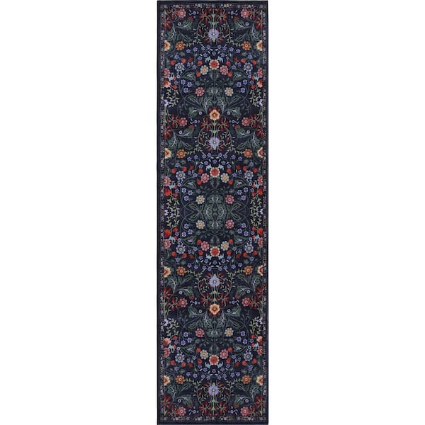 Primrose Art Nouveau Floral Border Machine-Washable Green/Pink 2 ft. x 8 ft. Runner Rug
