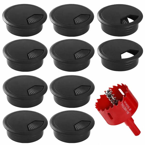 2 in. Black ABS Plastic Desk Grommet Cable Hole Cover with Hole Saw, 10-Pack, 50 mm Cord Management