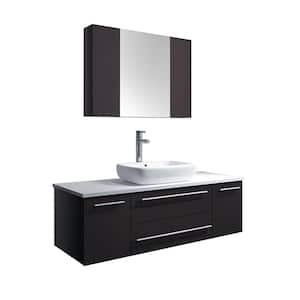 Lucera 48 in. W Wall Hung Vanity in Espresso with Quartz Stone Vanity Top in White with White Basin and Medicine Cabinet
