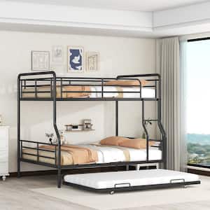 Detachable Black Full XL over Queen Metal Bunk Bed with Twin Size Trundle, Built-in Ladder