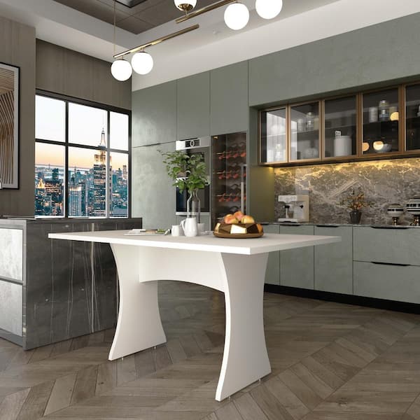 Coney White Wood 53.14 in. Mid-Century Modern Double Pedestal Dining Table Seats 6