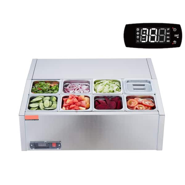 SVOPES Refrigerated Condiment Prep Station 140W Countertop Condiment Table with 8 1/6 Pans, 304 Stainless Steel Body and PC Lid