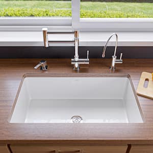 32 in. Undermount Single Bowl White Fireclay Kitchen Sink, Grid Included