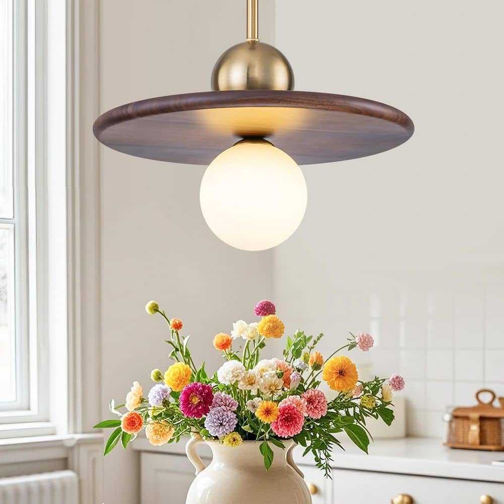 25-Watt 1-Light Modern Gold and Wood Pendant Light with White Globe Glass Shade for Bedroom price history on PriceWatchPro