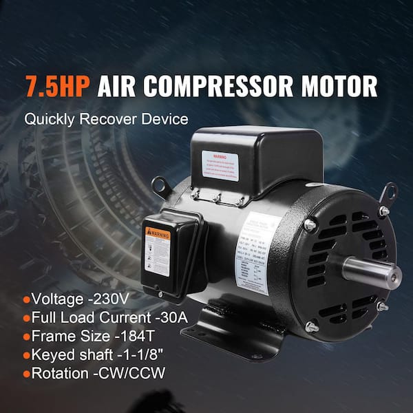 7.5HP Air Compressor Motor 230V 30 Amps EV Charger 3450RPM 184T Frame, 1-1/8 in. Keyed Shaft, 2.75 in. Shaft Length
