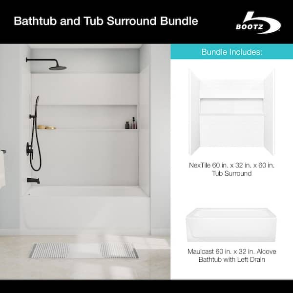 Mauicast 60 in. x 32 in. Alcove Soaking Bathtub with Left Drain and NexTile 60 in. x 32 in. x 60 in. Tub Surround Kit