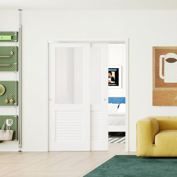 TENONER 60 in. x 80 in. Half Louver Half Frosted Glass White