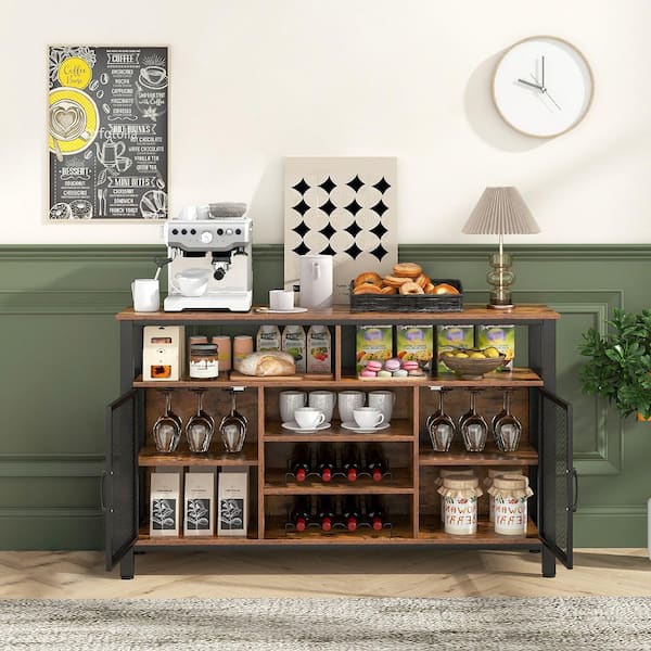Brown Wine Bar Cabinet Wood Top 55 in. Buffet with 8-Bottle Wine Racks Buffet