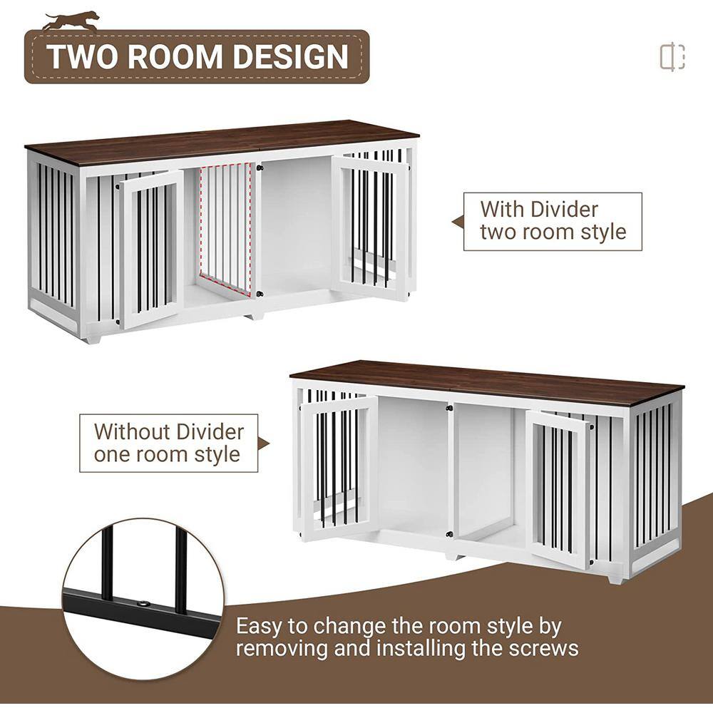 White and Brown Large Wooden Double Dog Crate Furniture