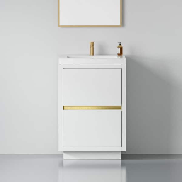 24 in. Freestanding Storage Bath Vanity Cabinet in Glossy White with White Stone Resin Top