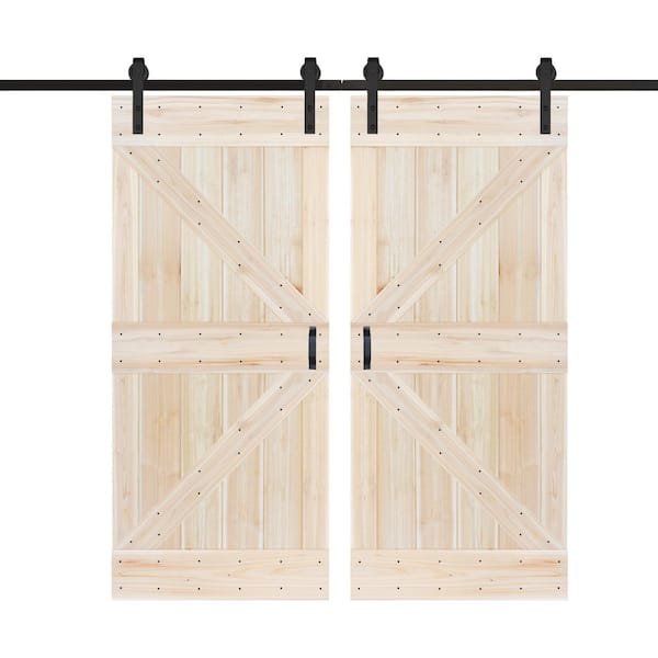 ISLIFE K Series 76 in. x 84 in. Unfinished DIY Solid Wood Double Sliding Barn Door with Hardware Kit