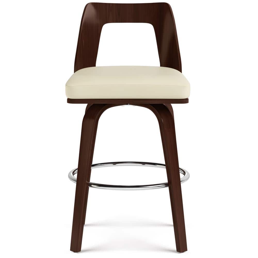 Cream Faux Leather and Walnut Wood Counter Stools, Set of 2