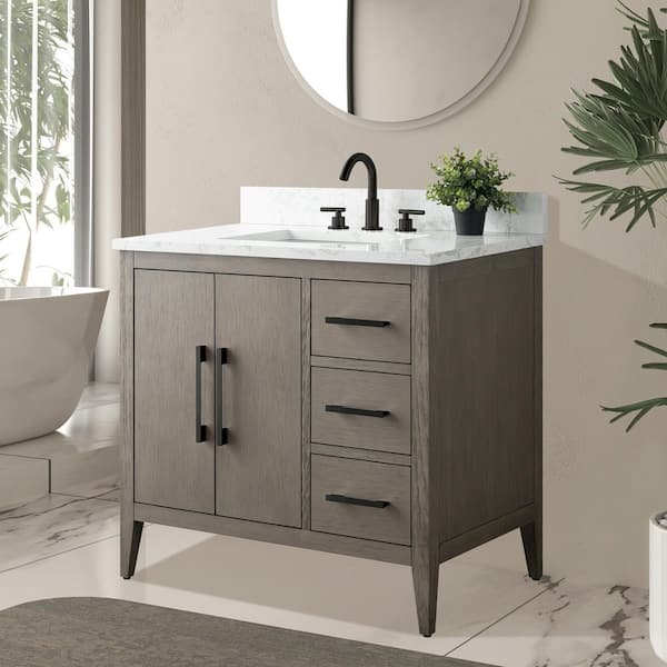 36 in. W x 22 in. D x 34 in. H Single-Sink Bath Vanity in Driftwood Gray with Engineered Marble Top in Arabescato White