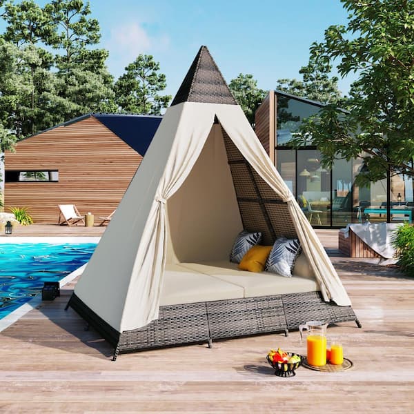Brown and Beige-1-Piece Wicker Outdoor Day Bed with Cushion Guard Multi-Color Bright Cushions ​