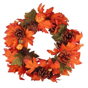13 in. Artificial Unlit Orange Pumpkin and Autumn Harvest Thanksgiving Wreath