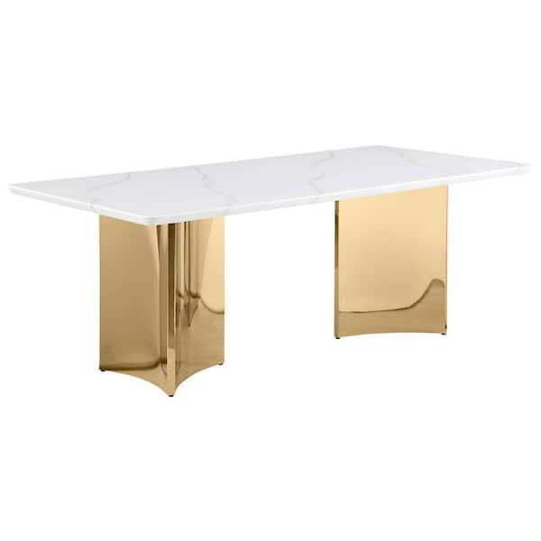 Coaster Tevlin Contemporary White and Champagne Gold Marble Top 79 in. Double Pedestal Dining Table Seats 10