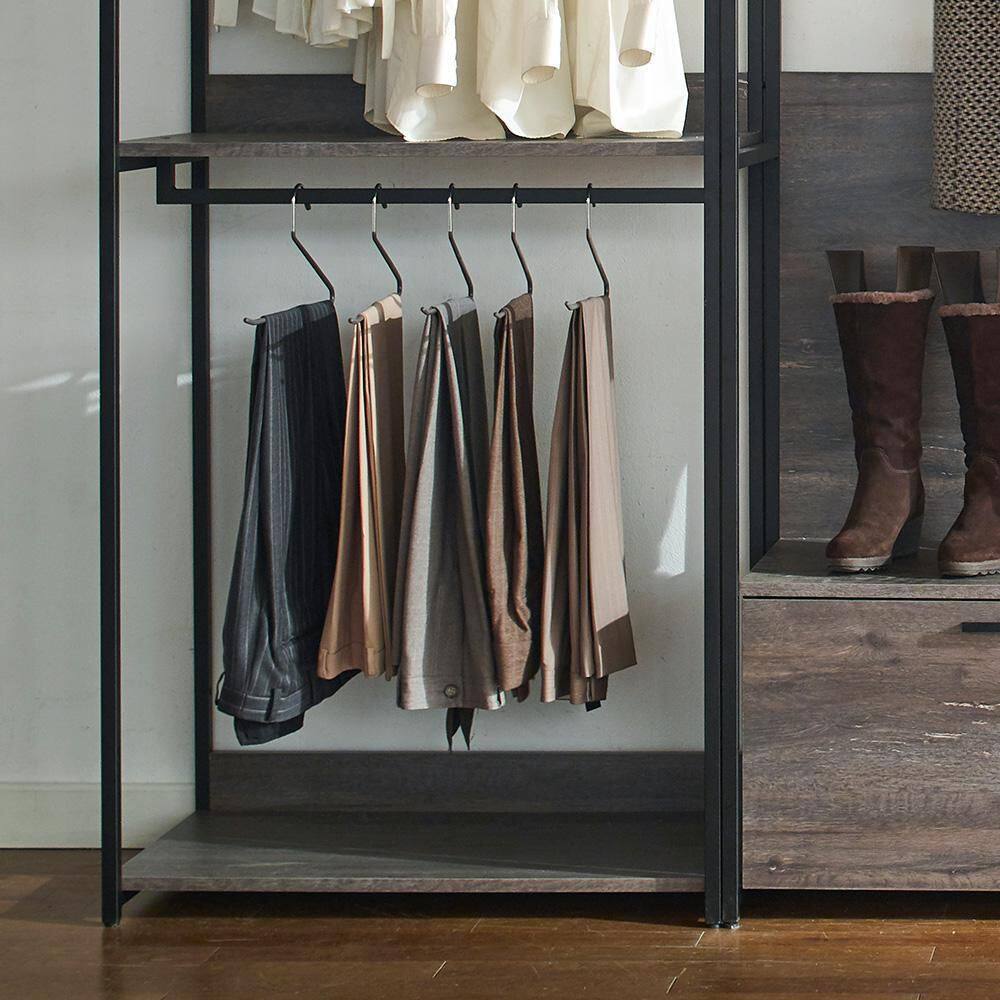 Monica Rustic Gray Wood and Black Metal Walk-In Closet System with Drawer