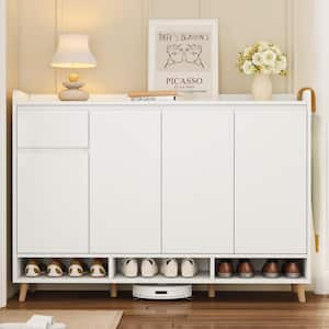 White Sleek and Contemporary Shoe Storage Cabinet with Drawer, Adjustable Shelves and Solid Wood Legs